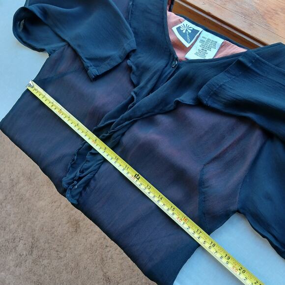 Vintage 1990s Phool Ruffle Collar Blouse M sheer black button up orange lining - Picture 9 of 15